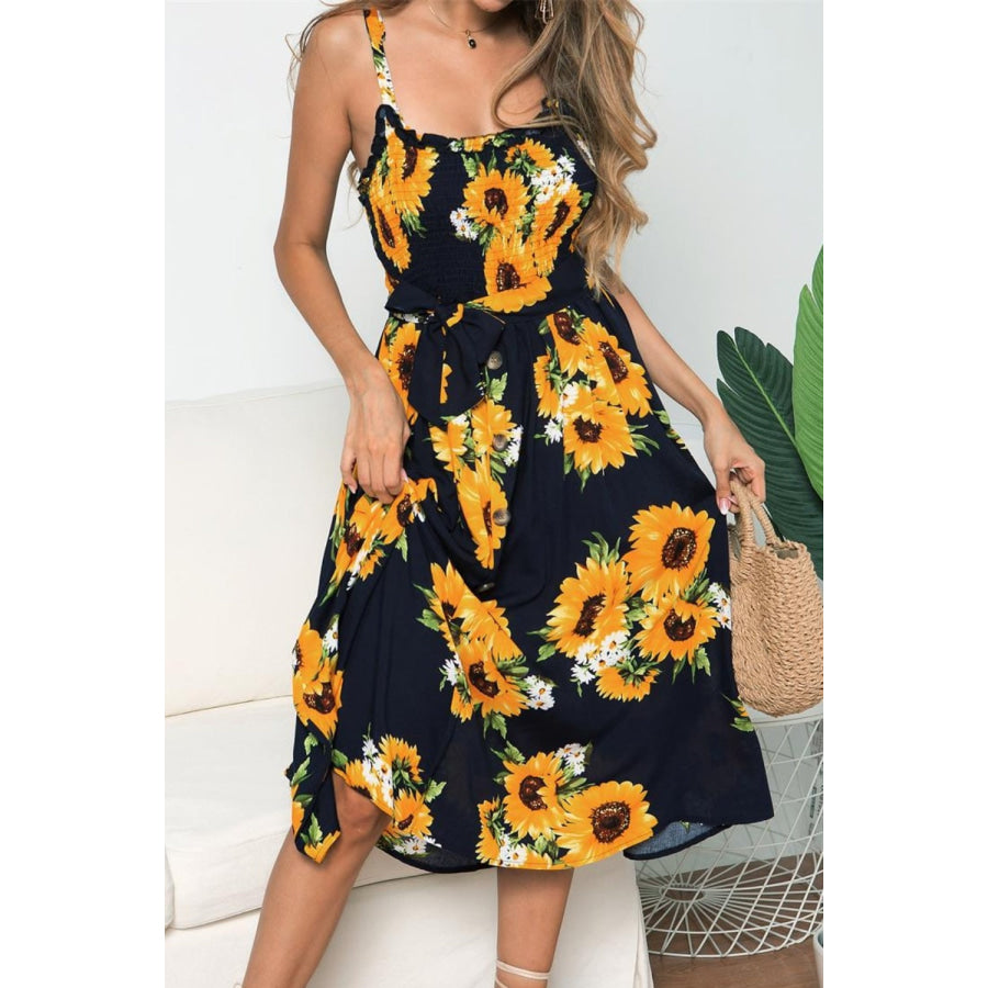 Smocked Sunflower Printed Sleeveless Cami Dress Apparel and Accessories