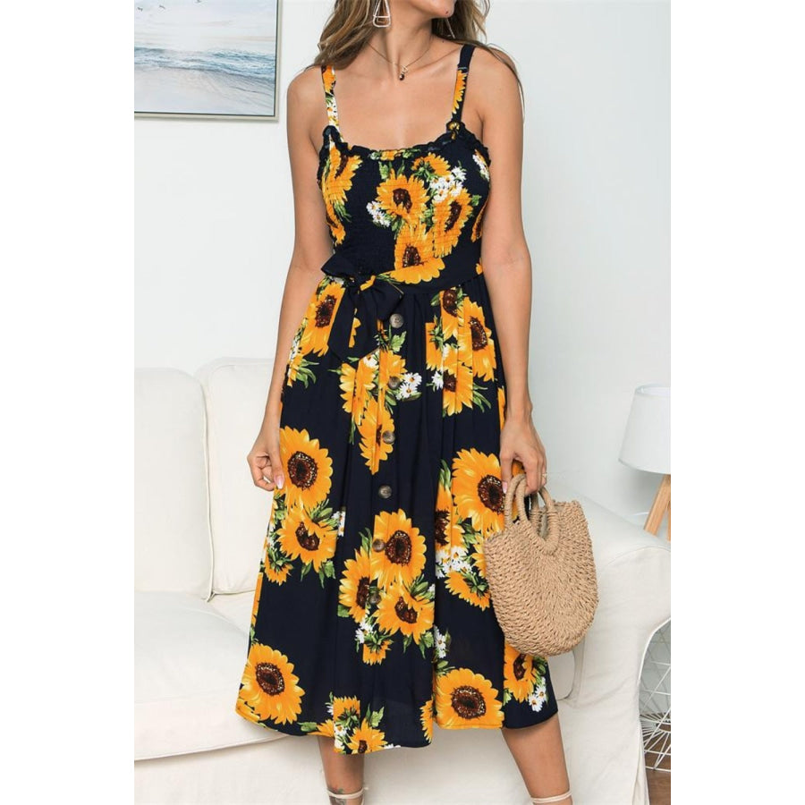 Smocked Sunflower Printed Sleeveless Cami Dress Black / S Apparel and Accessories