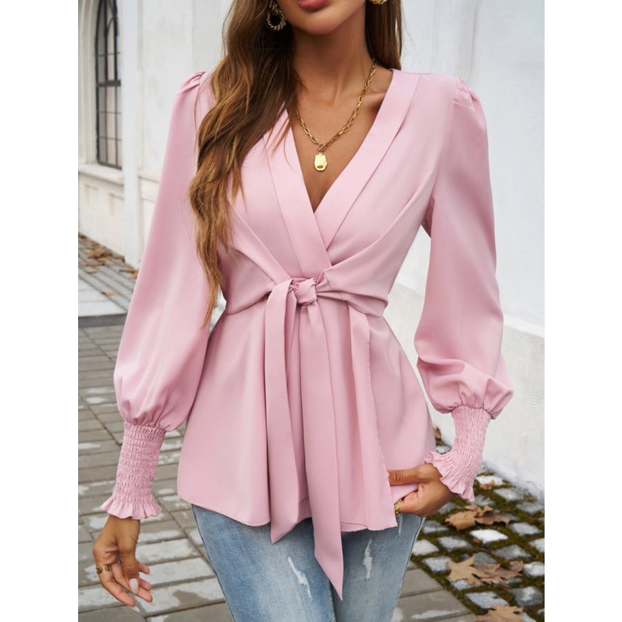 Smocked Surplice Long Sleeve Blouse Apparel and Accessories