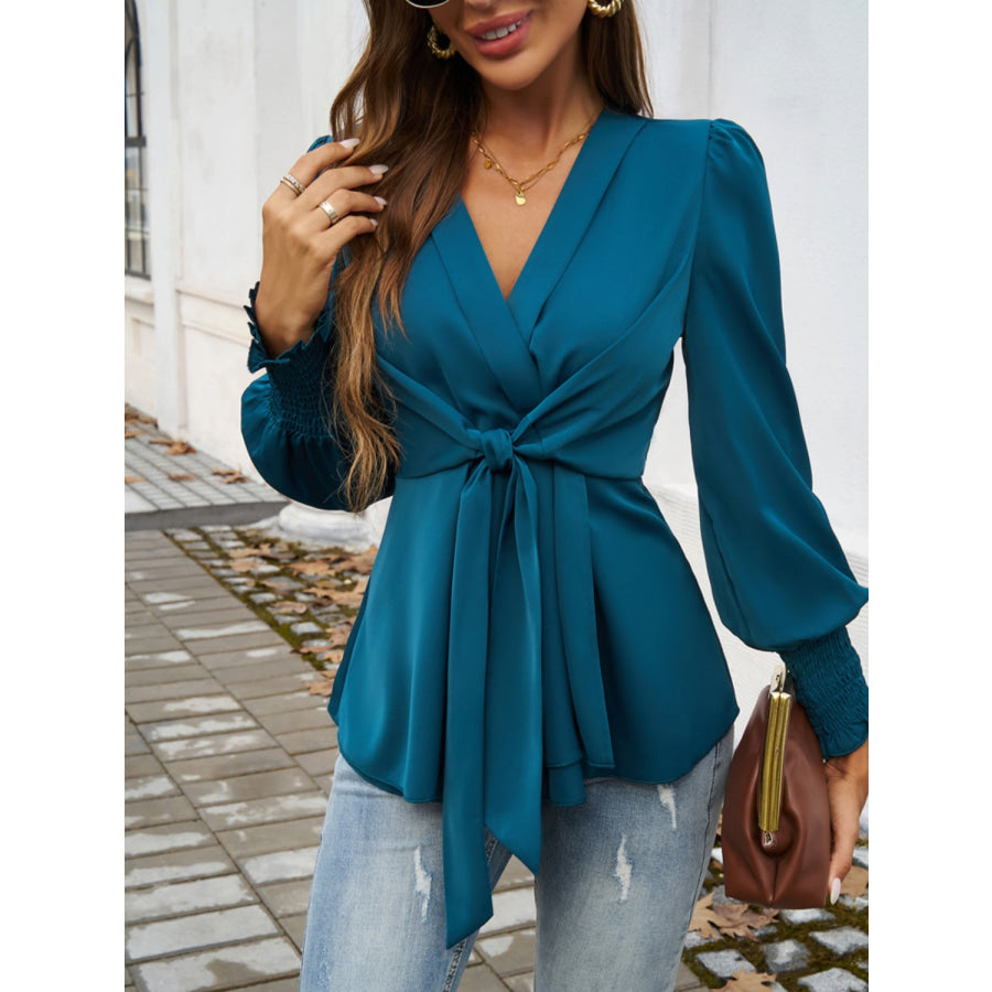 Smocked Surplice Long Sleeve Blouse Apparel and Accessories