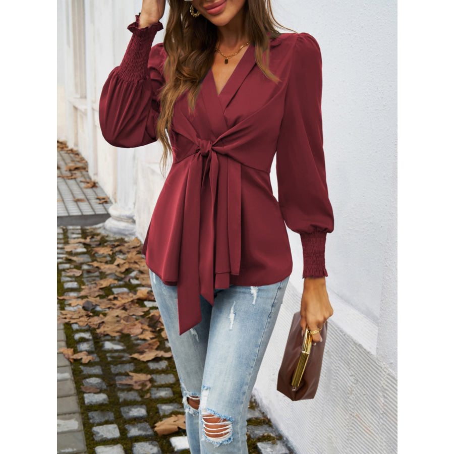 Smocked Surplice Long Sleeve Blouse Apparel and Accessories