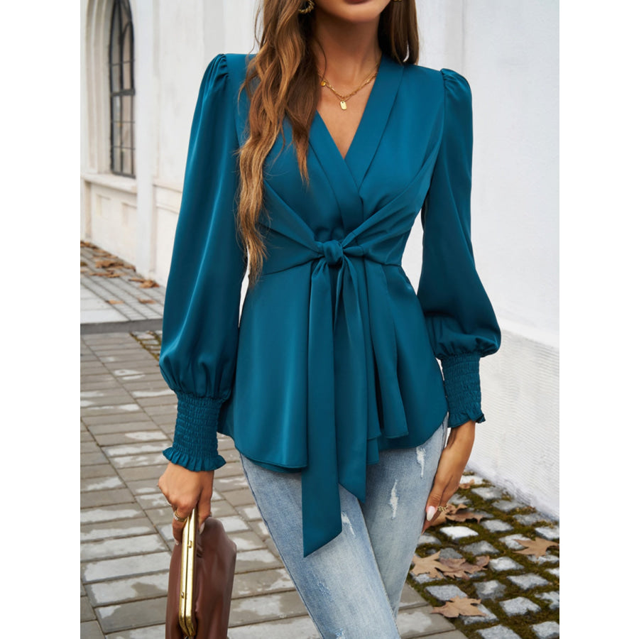 Smocked Surplice Long Sleeve Blouse Apparel and Accessories