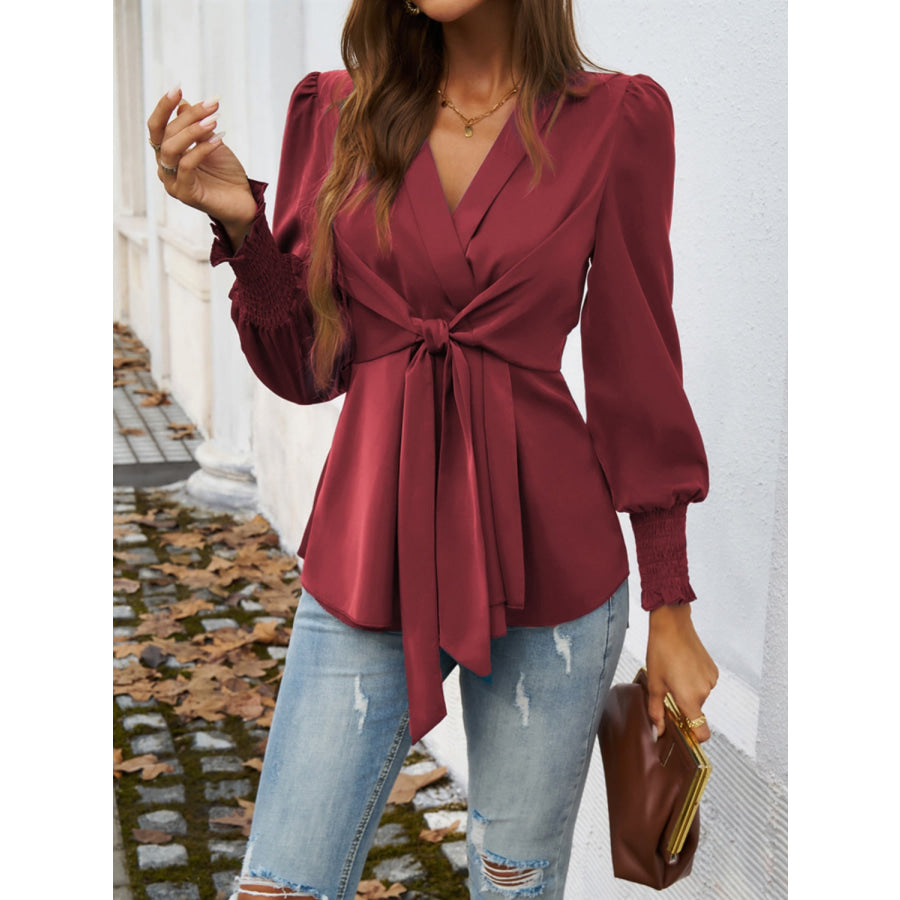 Smocked Surplice Long Sleeve Blouse Apparel and Accessories