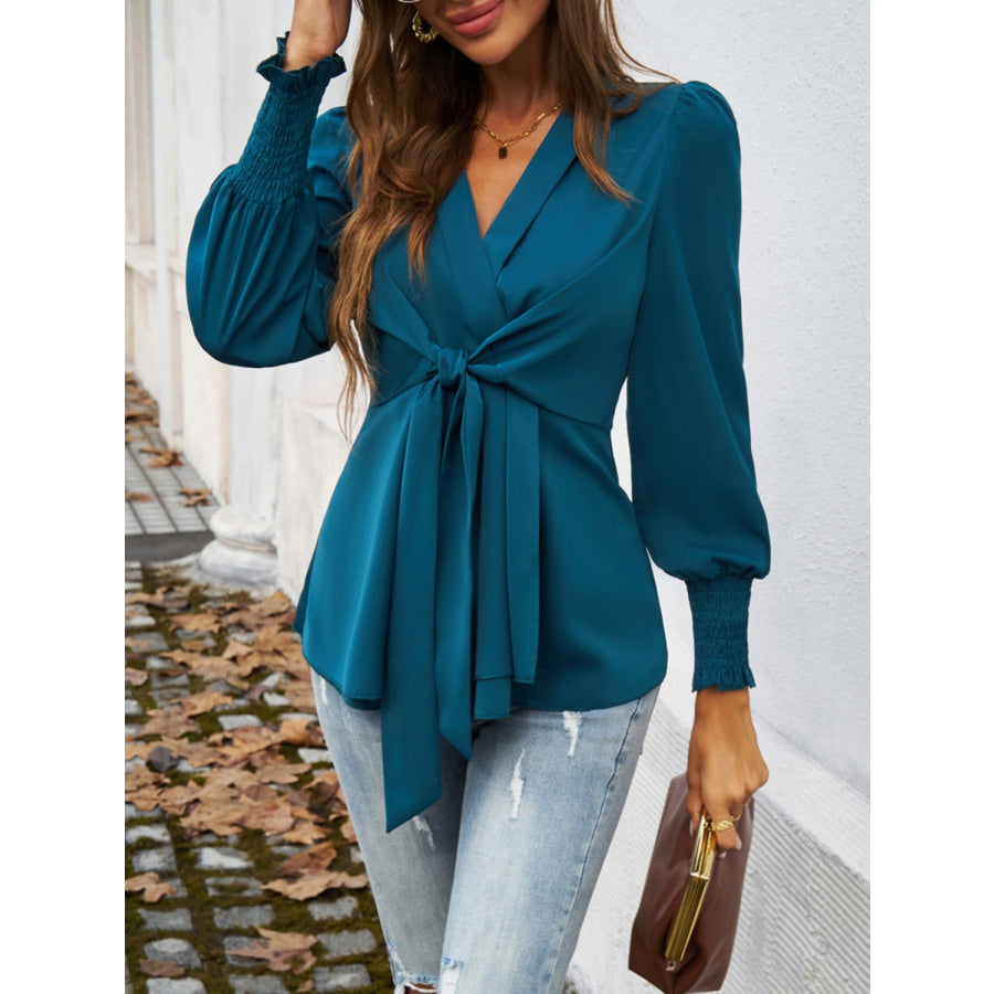 Smocked Surplice Long Sleeve Blouse Apparel and Accessories