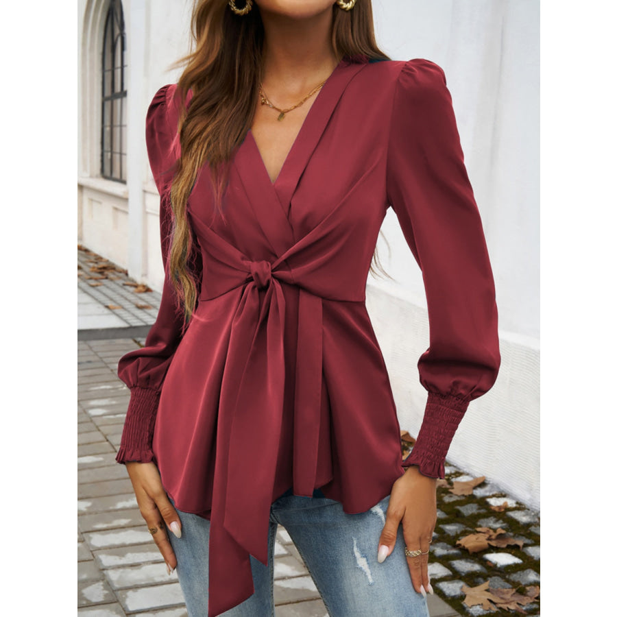 Smocked Surplice Long Sleeve Blouse Apparel and Accessories