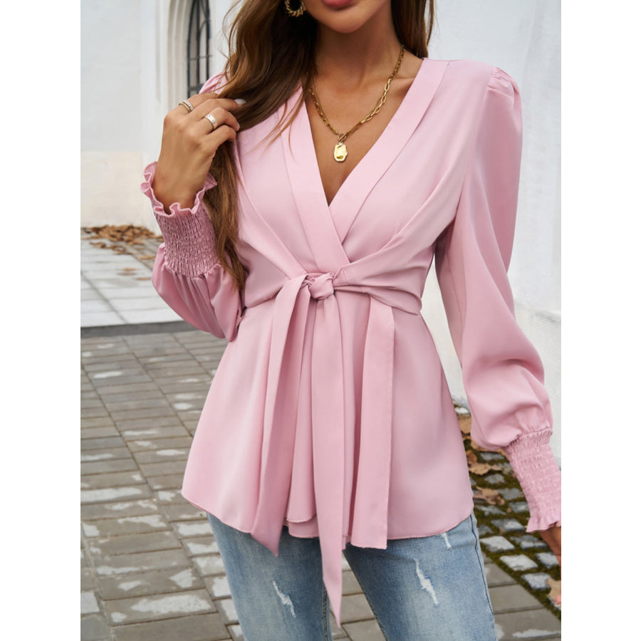 Smocked Surplice Long Sleeve Blouse Apparel and Accessories