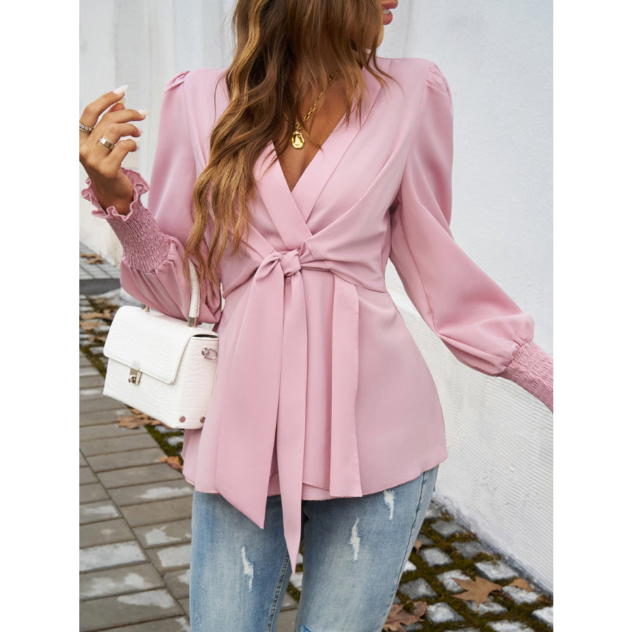 Smocked Surplice Long Sleeve Blouse Apparel and Accessories