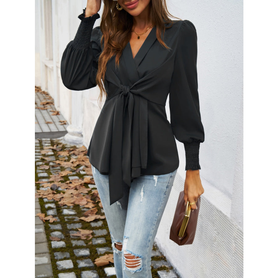 Smocked Surplice Long Sleeve Blouse Apparel and Accessories