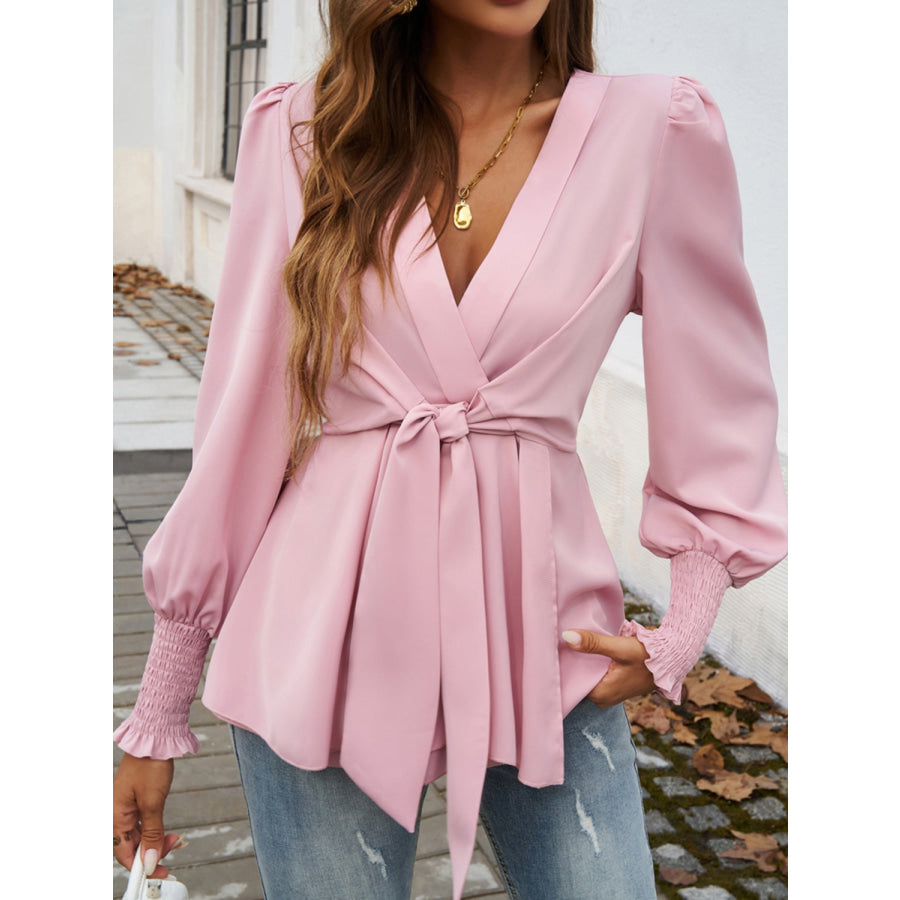 Smocked Surplice Long Sleeve Blouse Apparel and Accessories