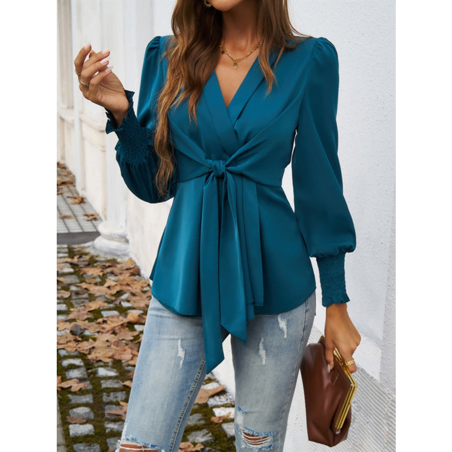 Smocked Surplice Long Sleeve Blouse Apparel and Accessories