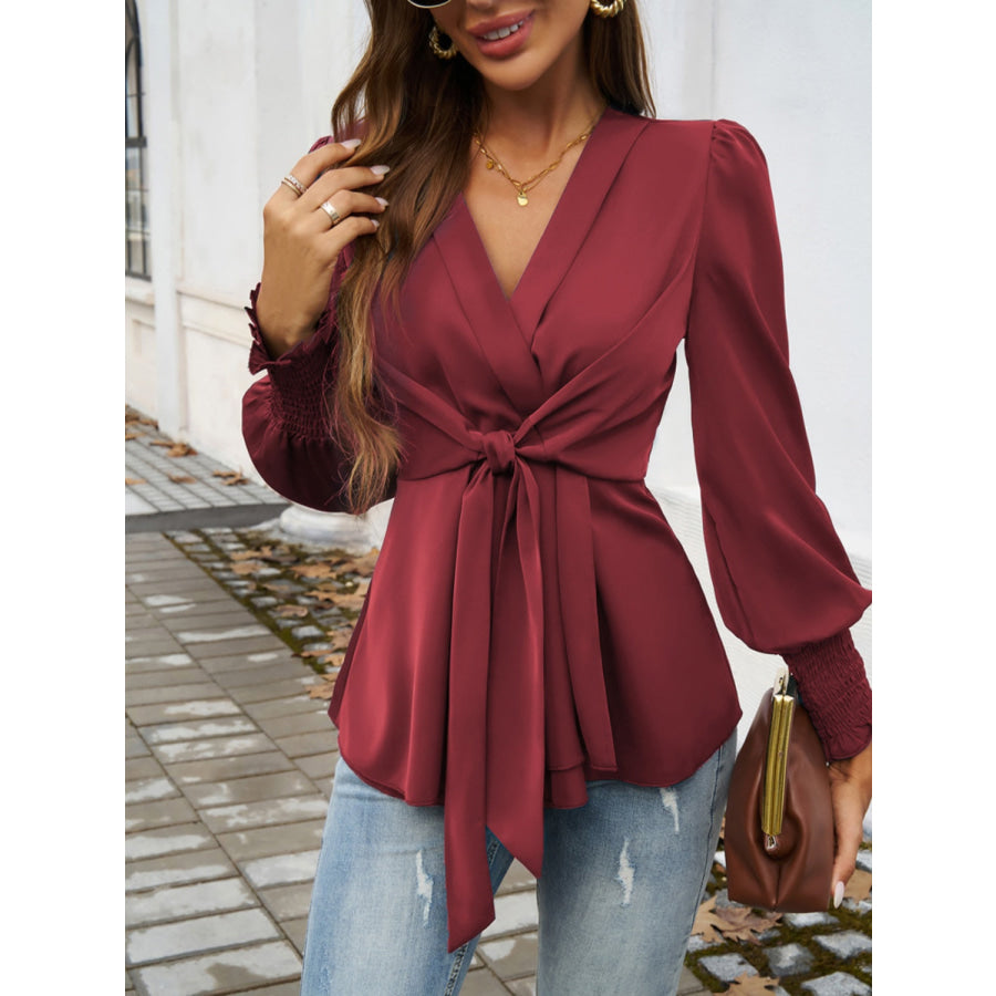 Smocked Surplice Long Sleeve Blouse Apparel and Accessories