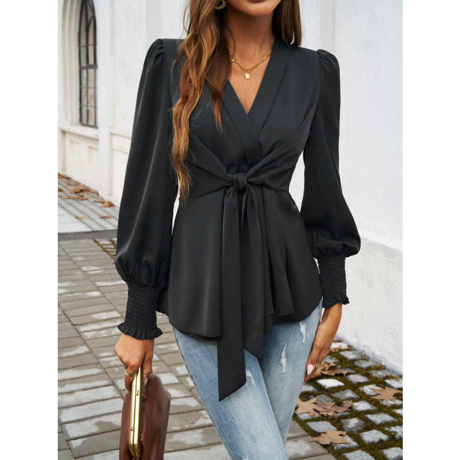 Smocked Surplice Long Sleeve Blouse Apparel and Accessories