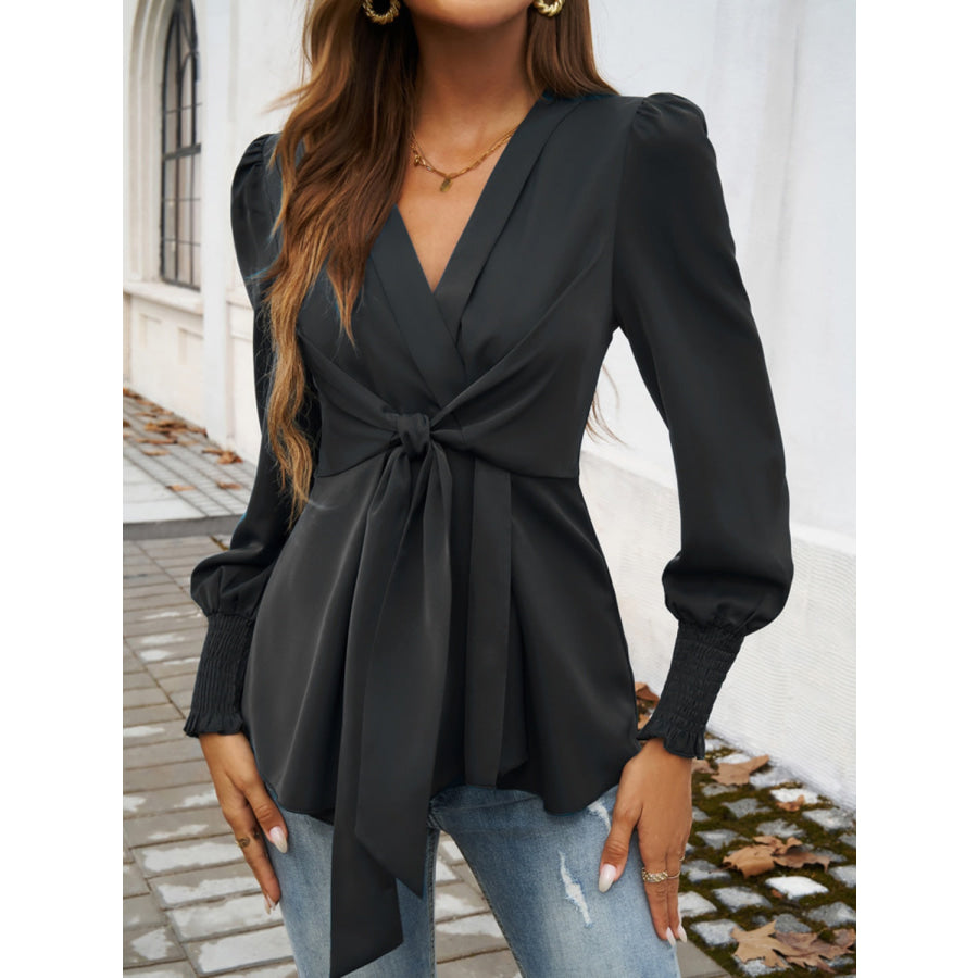 Smocked Surplice Long Sleeve Blouse Black / S Apparel and Accessories