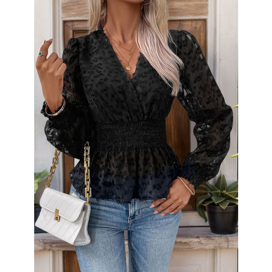 Smocked Surplice Long Sleeve Blouse Black / S Apparel and Accessories