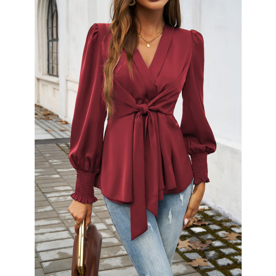 Smocked Surplice Long Sleeve Blouse Burgundy / S Apparel and Accessories