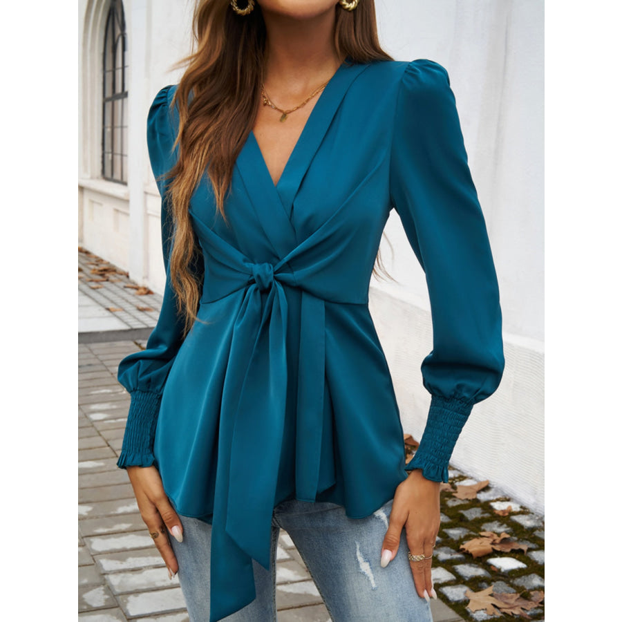 Smocked Surplice Long Sleeve Blouse Deep Teal / S Apparel and Accessories