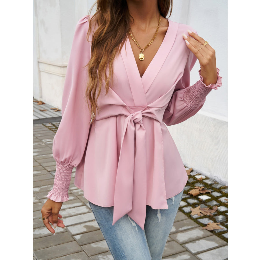 Smocked Surplice Long Sleeve Blouse Dusty Pink / S Apparel and Accessories