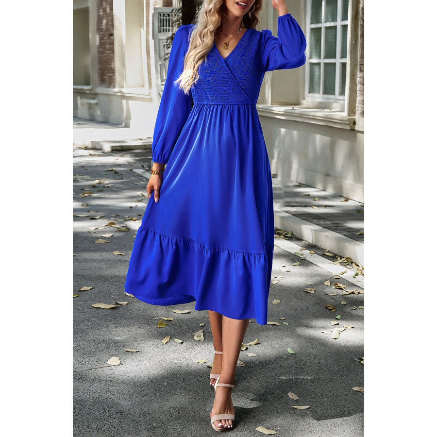 Smocked Surplice Long Sleeve Midi Dress Apparel and Accessories