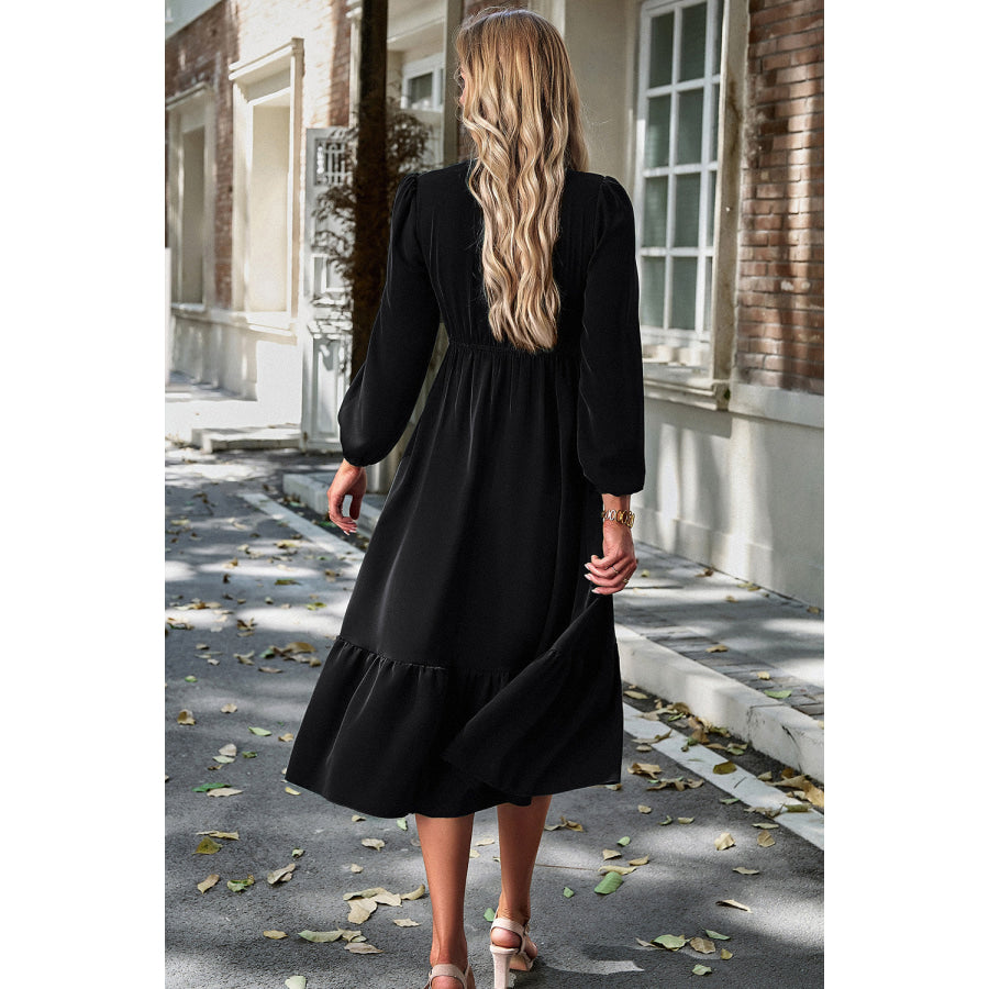 Smocked Surplice Long Sleeve Midi Dress Black / S Apparel and Accessories
