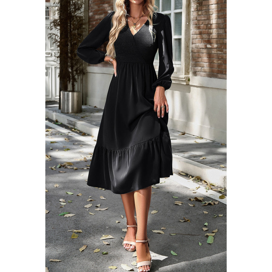 Smocked Surplice Long Sleeve Midi Dress Black / S Apparel and Accessories