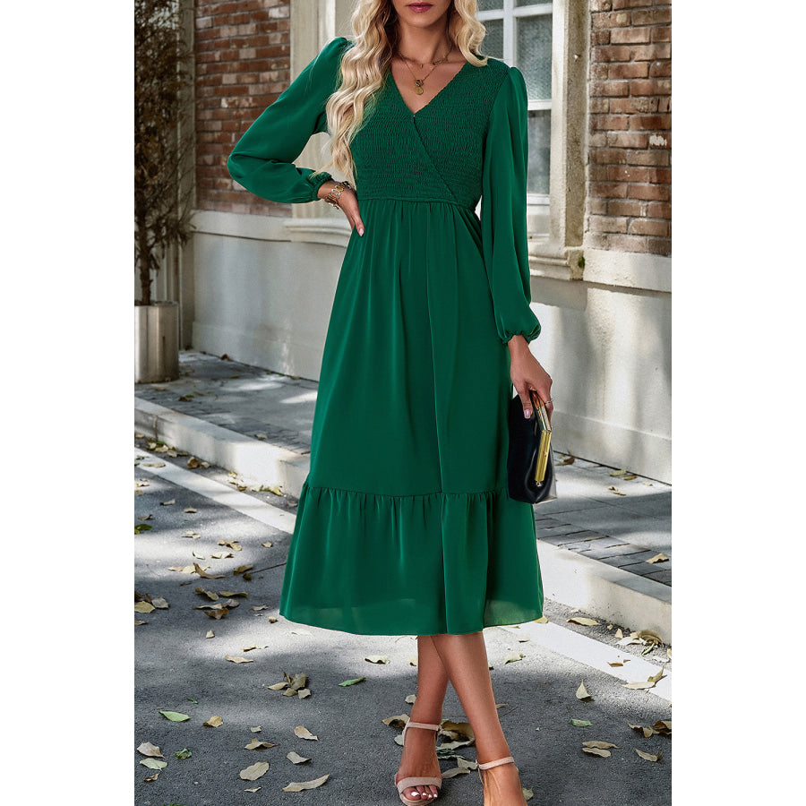 Smocked Surplice Long Sleeve Midi Dress Green / S Apparel and Accessories