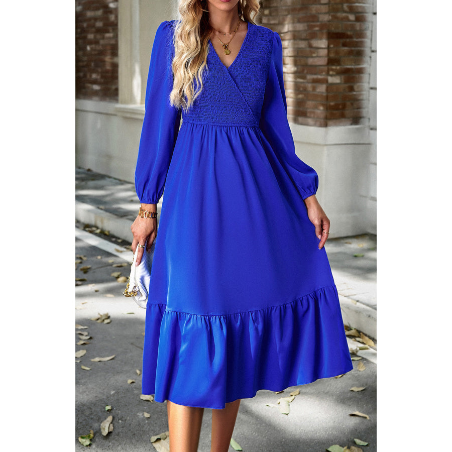 Smocked Surplice Long Sleeve Midi Dress Royal Blue / S Apparel and Accessories