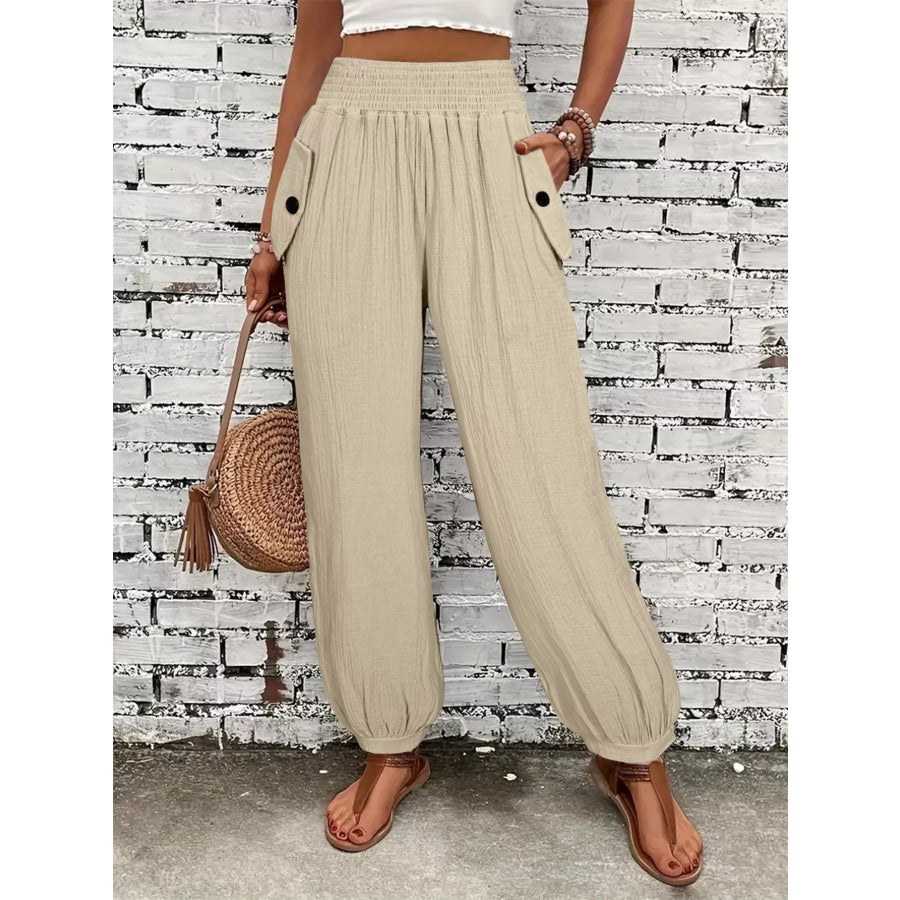 Smocked Textured Casual Pants Apparel and Accessories