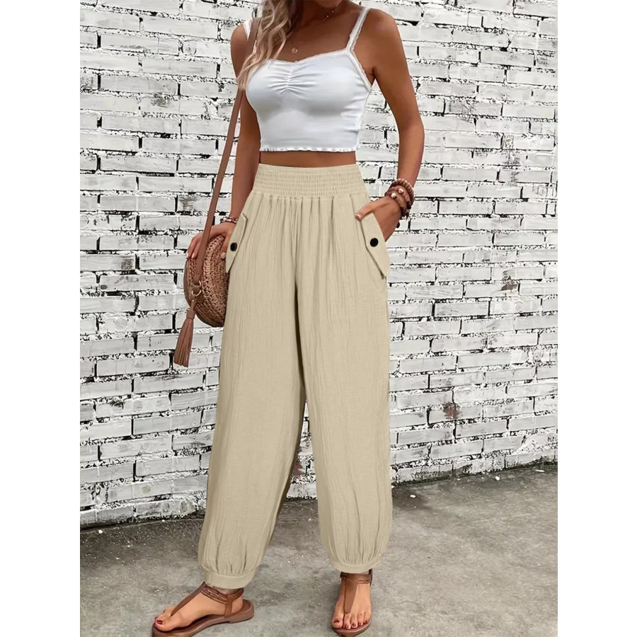 Smocked Textured Casual Pants Beige / S Apparel and Accessories