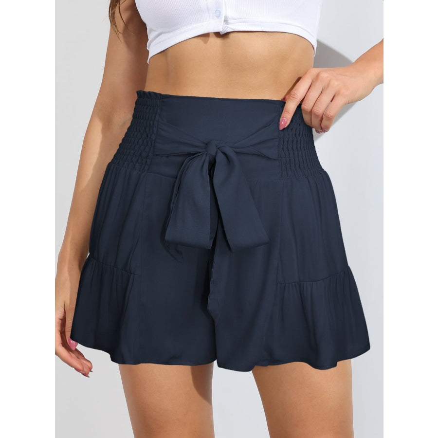Smocked Tie-Front High-Rise Shorts Navy / S