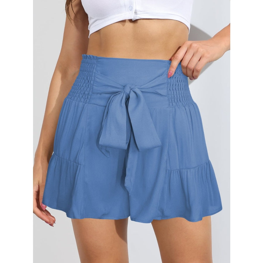 Smocked Tie-Front High-Rise Shorts Sky Blue / S