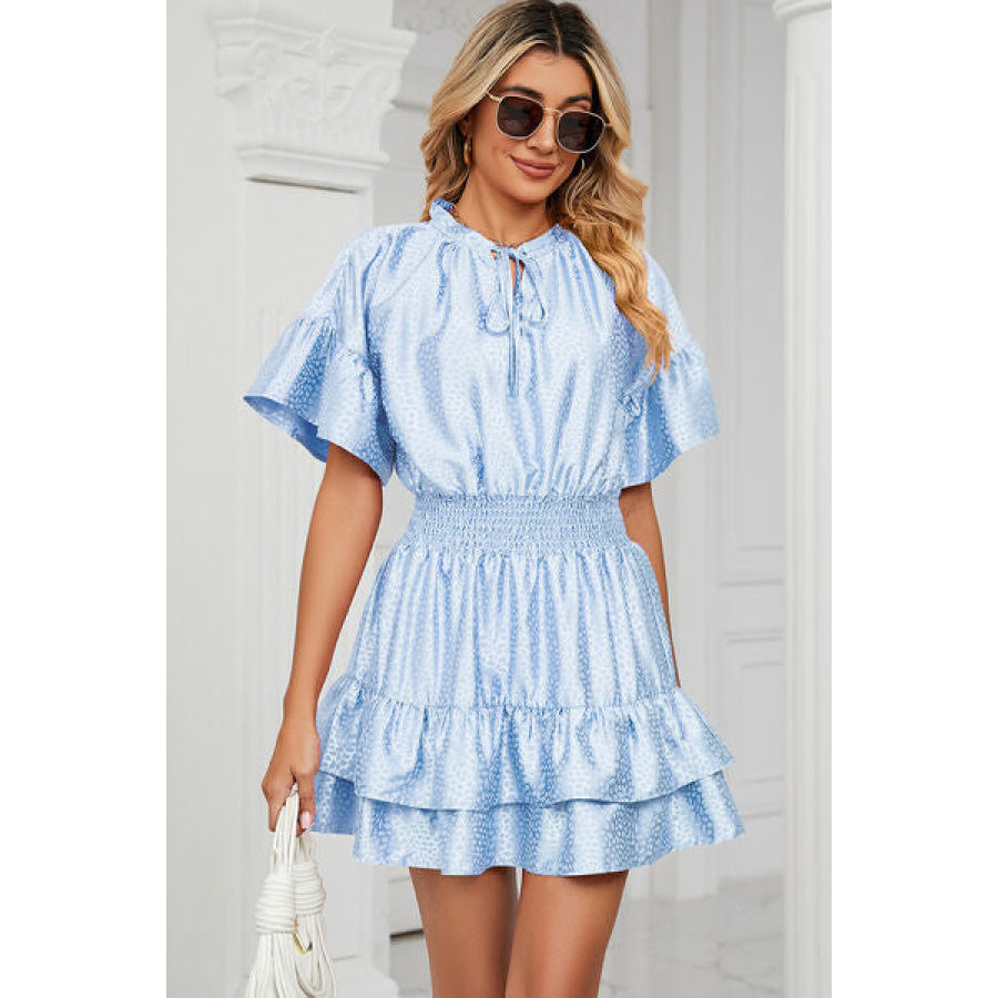 Smocked Tie Neck Flounce Sleeve Dress Apparel and Accessories