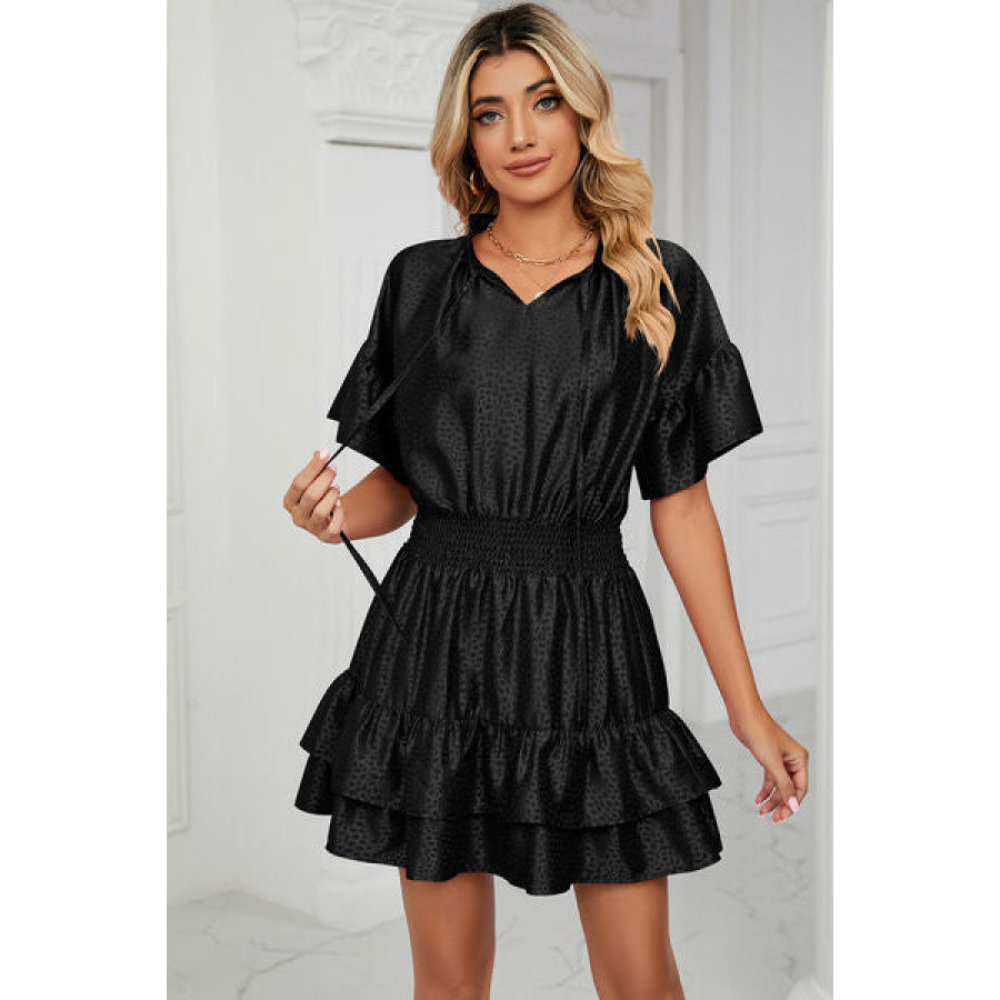 Smocked Tie Neck Flounce Sleeve Dress Apparel and Accessories