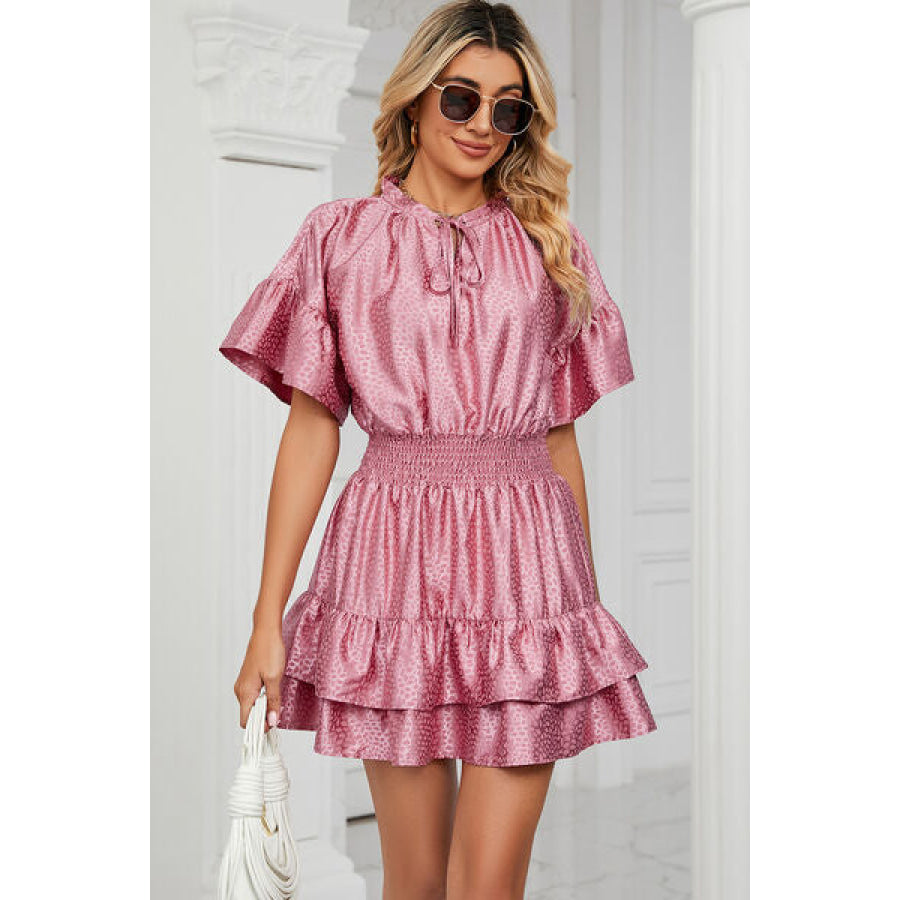 Smocked Tie Neck Flounce Sleeve Dress Apparel and Accessories