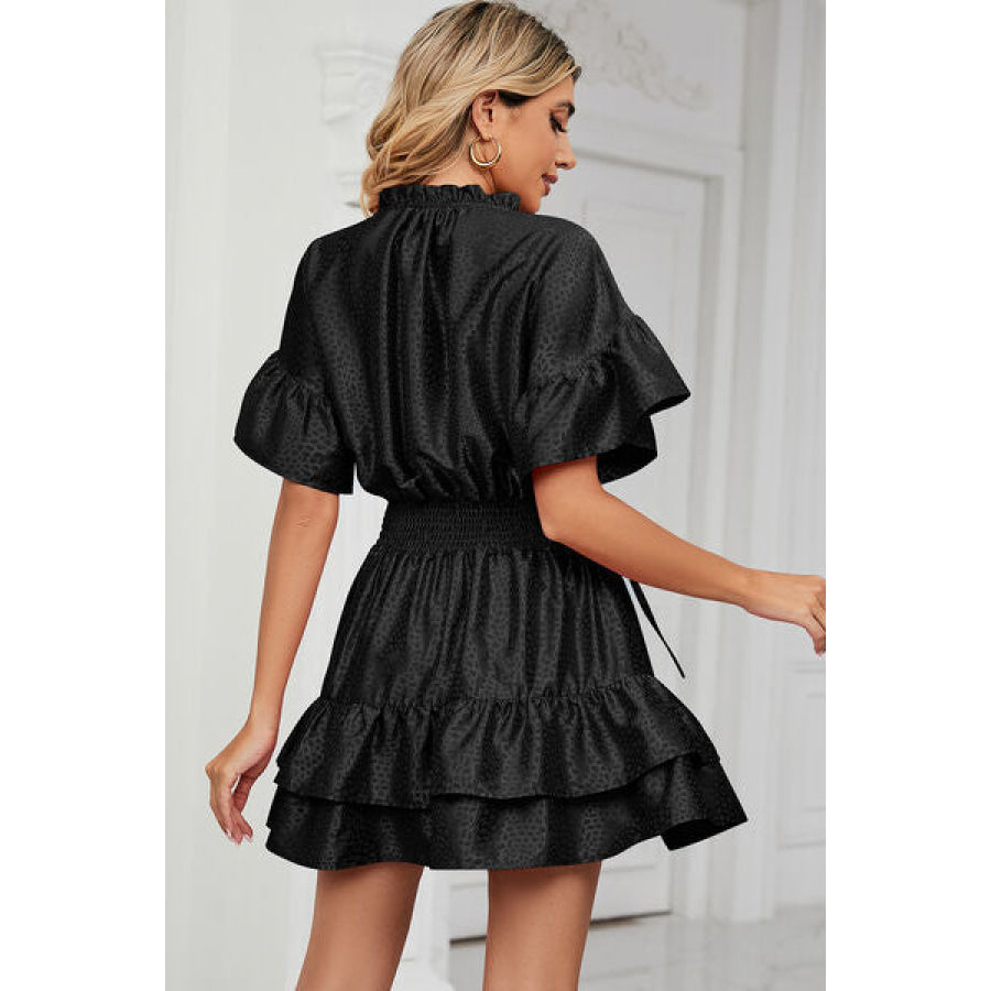 Smocked Tie Neck Flounce Sleeve Dress Apparel and Accessories