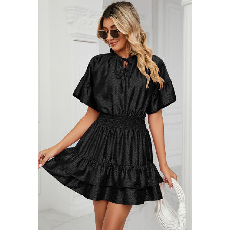 Smocked Tie Neck Flounce Sleeve Dress Apparel and Accessories