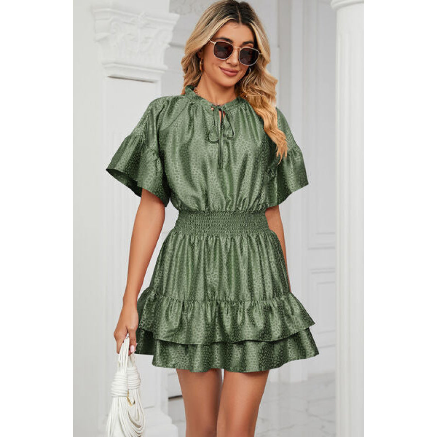 Smocked Tie Neck Flounce Sleeve Dress Apparel and Accessories