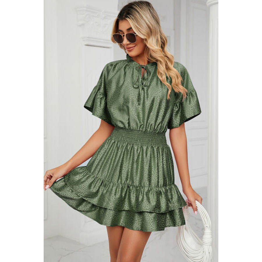 Smocked Tie Neck Flounce Sleeve Dress Apparel and Accessories