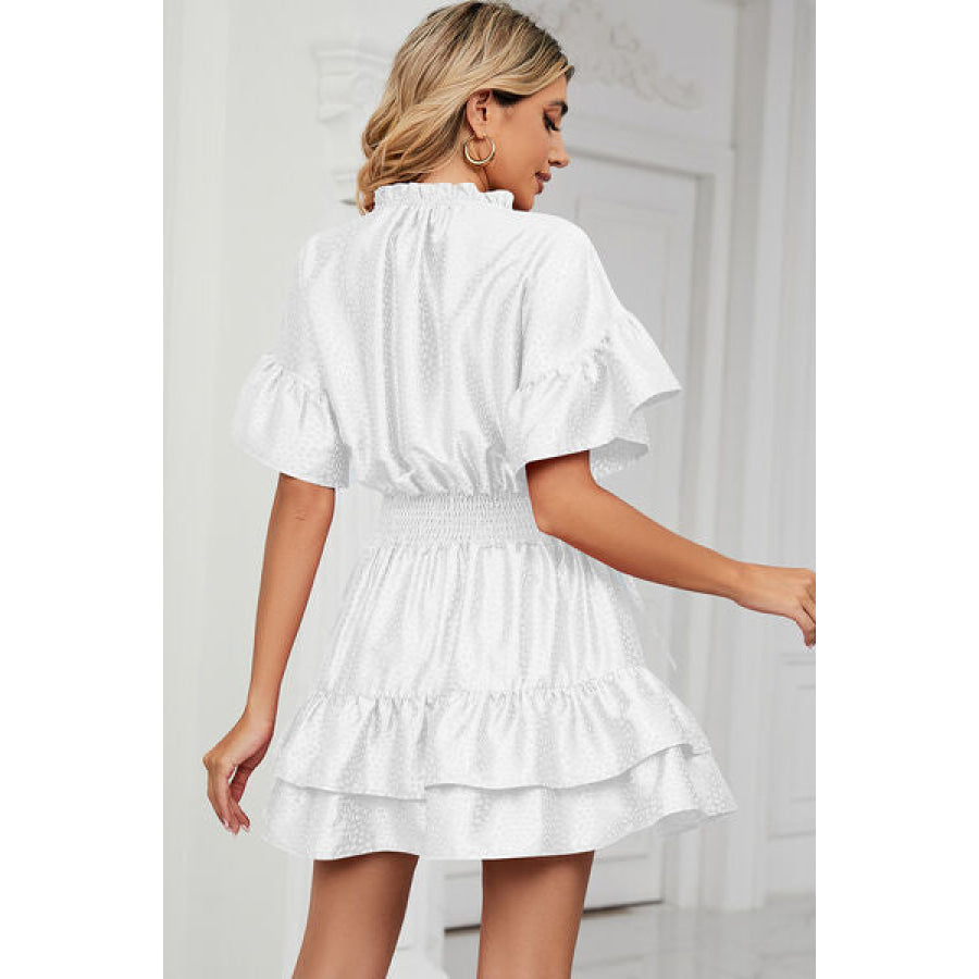 Smocked Tie Neck Flounce Sleeve Dress Apparel and Accessories