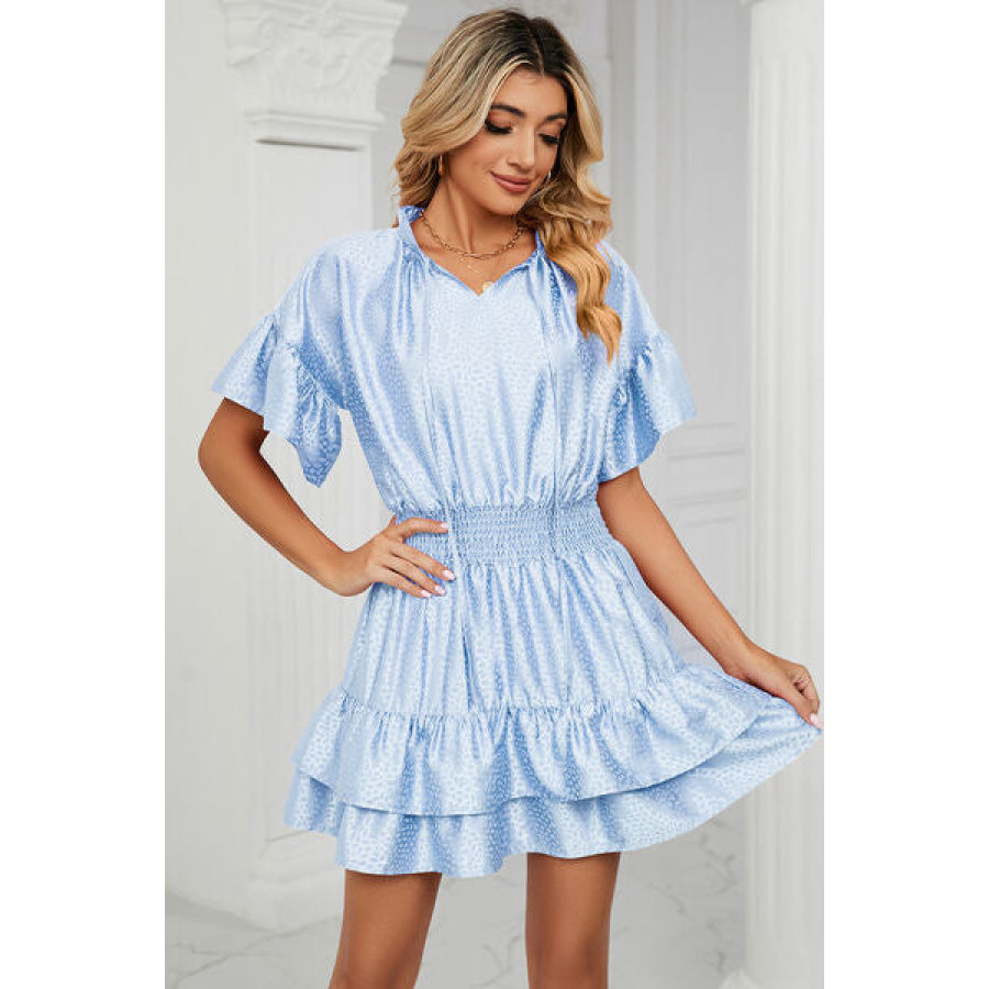 Smocked Tie Neck Flounce Sleeve Dress Apparel and Accessories