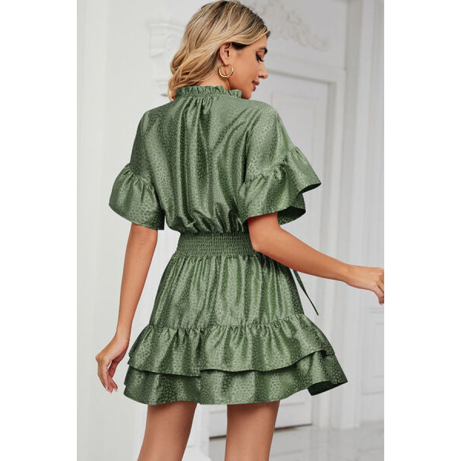 Smocked Tie Neck Flounce Sleeve Dress Apparel and Accessories