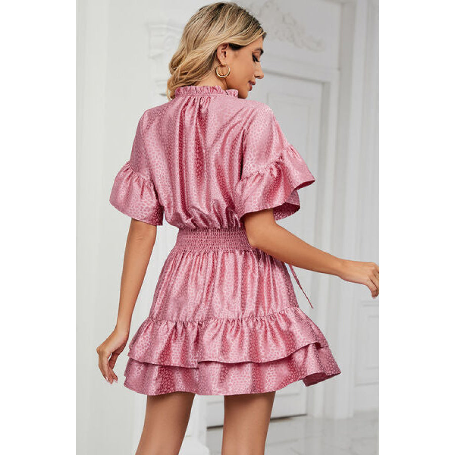 Smocked Tie Neck Flounce Sleeve Dress Apparel and Accessories