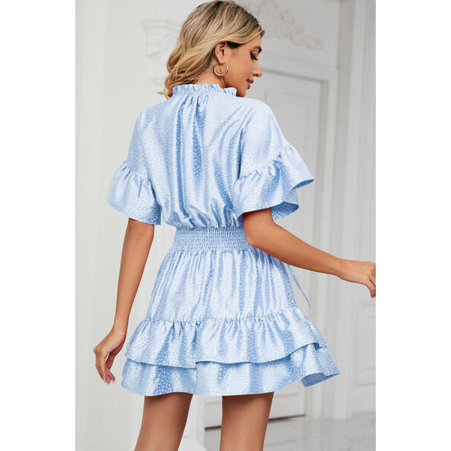 Smocked Tie Neck Flounce Sleeve Dress Apparel and Accessories