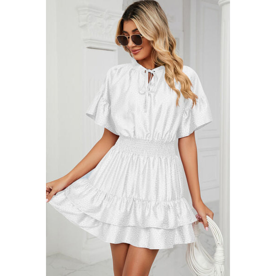 Smocked Tie Neck Flounce Sleeve Dress Apparel and Accessories