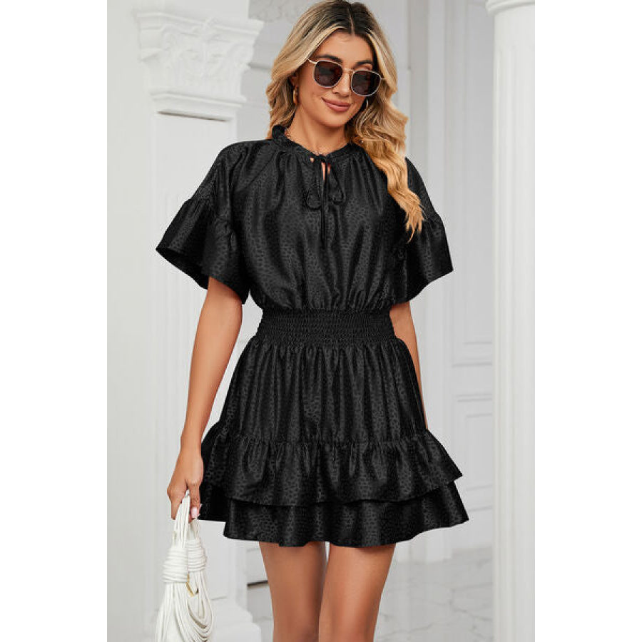 Smocked Tie Neck Flounce Sleeve Dress Black / S Apparel and Accessories