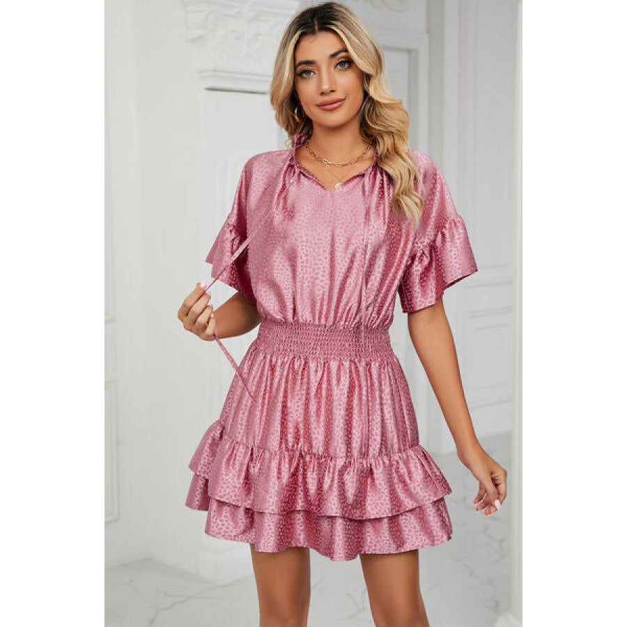 Smocked Tie Neck Flounce Sleeve Dress Carnation Pink / S Apparel and Accessories