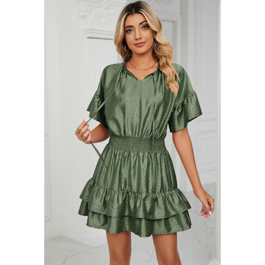 Smocked Tie Neck Flounce Sleeve Dress Moss / S Apparel and Accessories