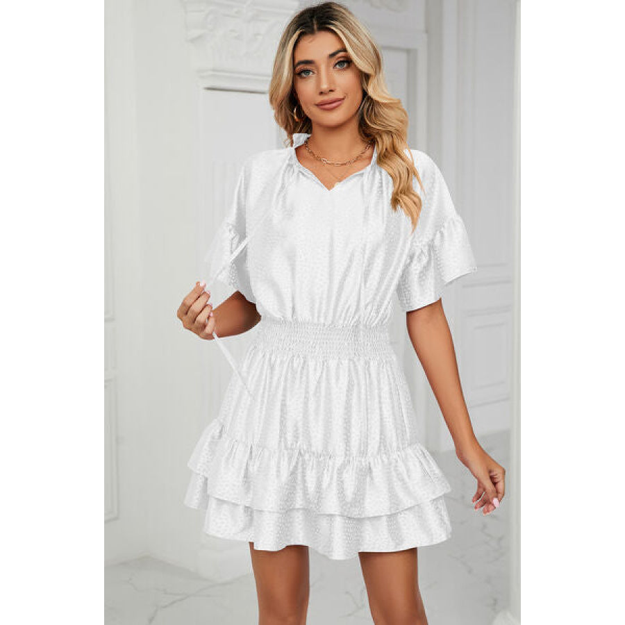 Smocked Tie Neck Flounce Sleeve Dress White / S Apparel and Accessories