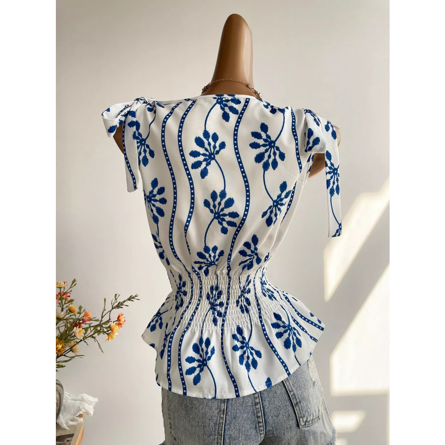 Smocked Tie Shoulder Blouse Apparel and Accessories