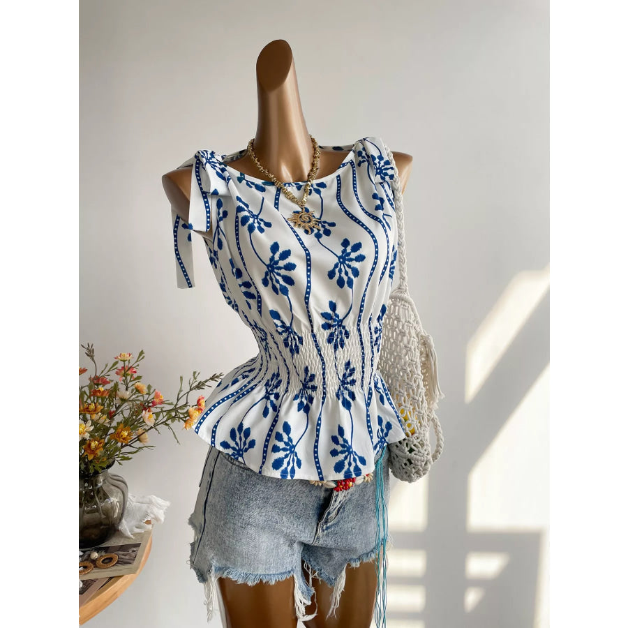 Smocked Tie Shoulder Blouse Apparel and Accessories