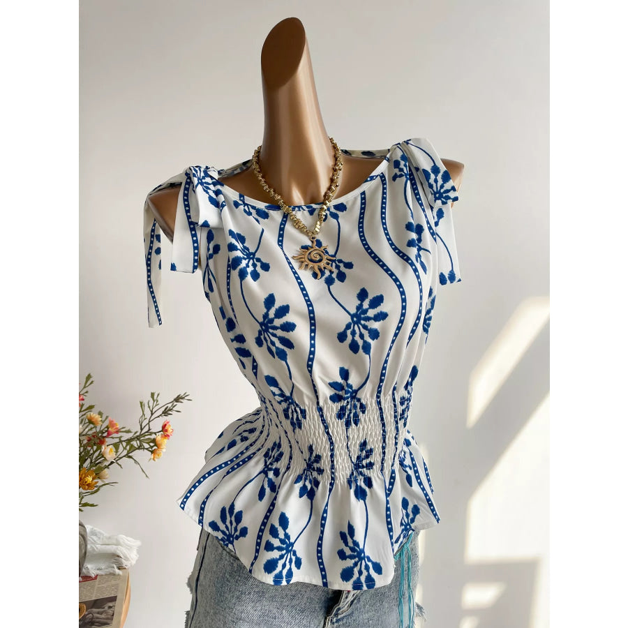 Smocked Tie Shoulder Blouse Light Blue / S Apparel and Accessories